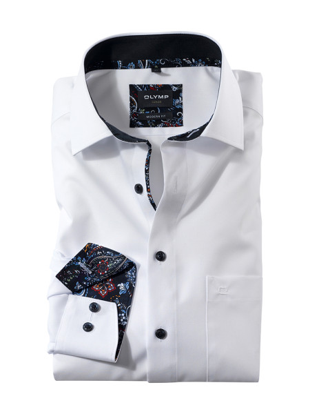 OLYMP Luxor modern fit Hemd UNI POPELINE weiss mit Global Kent Kragen in moderner Schnittform