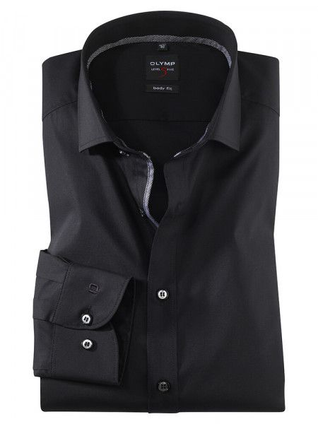 OLYMP Level Five body fit Hemd UNI STRETCH schwarz mit Royal Kent Kragen in schmaler Schnittform