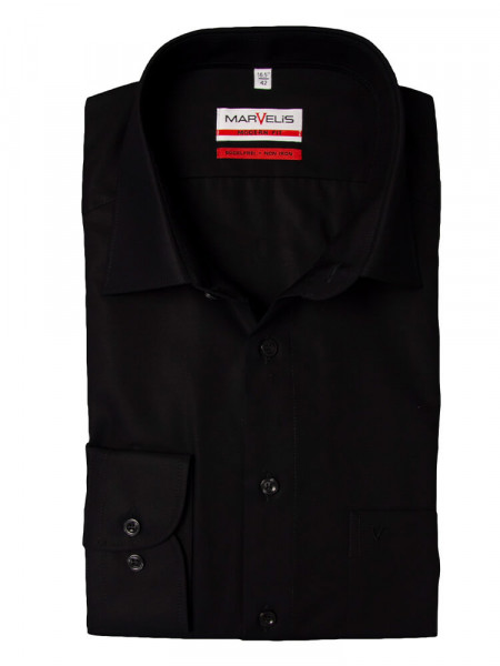 Marvelis MODERN FIT Hemd UNI POPELINE schwarz mit New Kent Kragen in moderner Schnittform